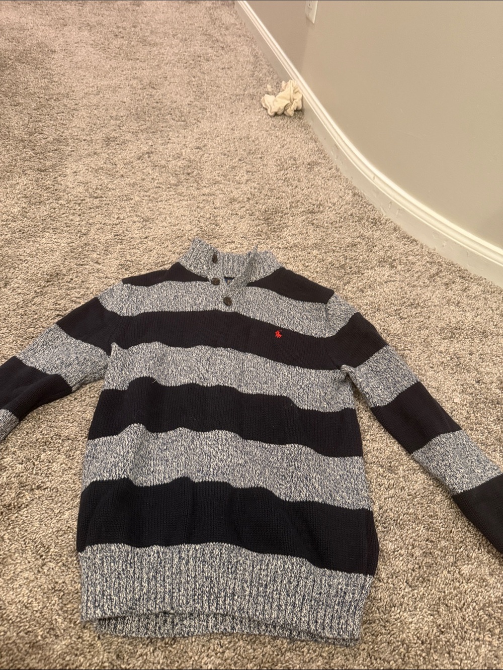 Kids Boy's 10-12 years Striped Mock-Neck Men's Sweater in Navy and Heather Gray